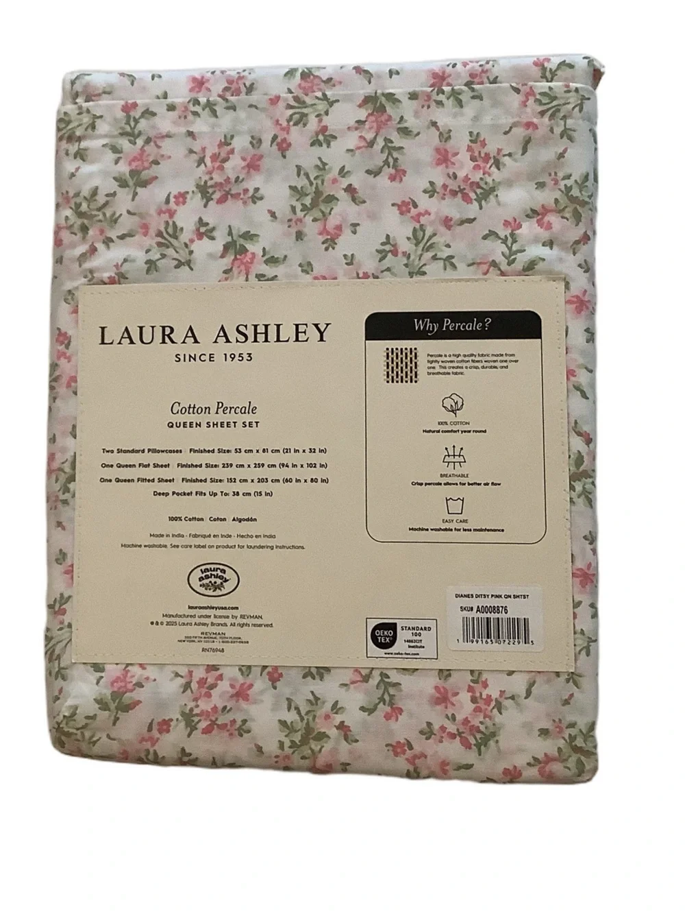Laura Ashley Ditsy Floral Cotton Percale Queen Sheet Set New